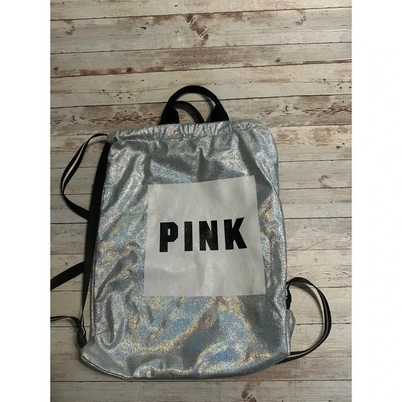 Victoria's Secret PINK Drawstring Backpack Iridescent Silver - Picture 1 of 5